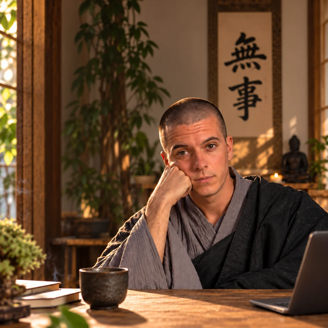 Rubén Muji sentado a una mesa, apoyando la cabeza en una mano